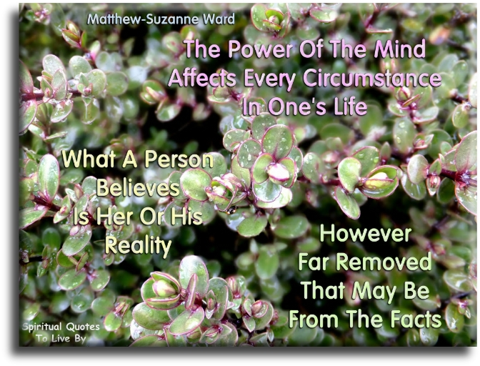 Matthew-Suzanne Ward quote: The power of the mind affects every circumstances in one’s life. What a person believes is her or his reality, however far removed that may be from the facts. - Spiritual Quotes To Live By