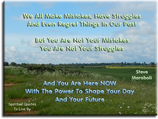 Steve Maraboli quote: We all make mistakes, have struggles and even regret things in our past. But, you are not your mistakes, you are not your struggles and you are here NOW with the power to shape your day and your future - Spiritual Quotes To Live By