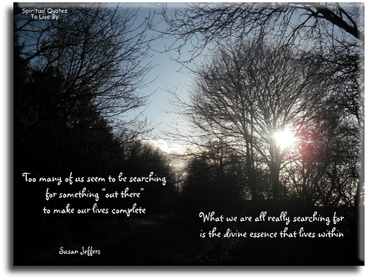 Susan Jeffers quote - Too many of us seem to be searching for something ‘out there’ to make our lives complete. What we are all really searching for is the Divine essence that lives within. - Spiritual Quotes To Live By