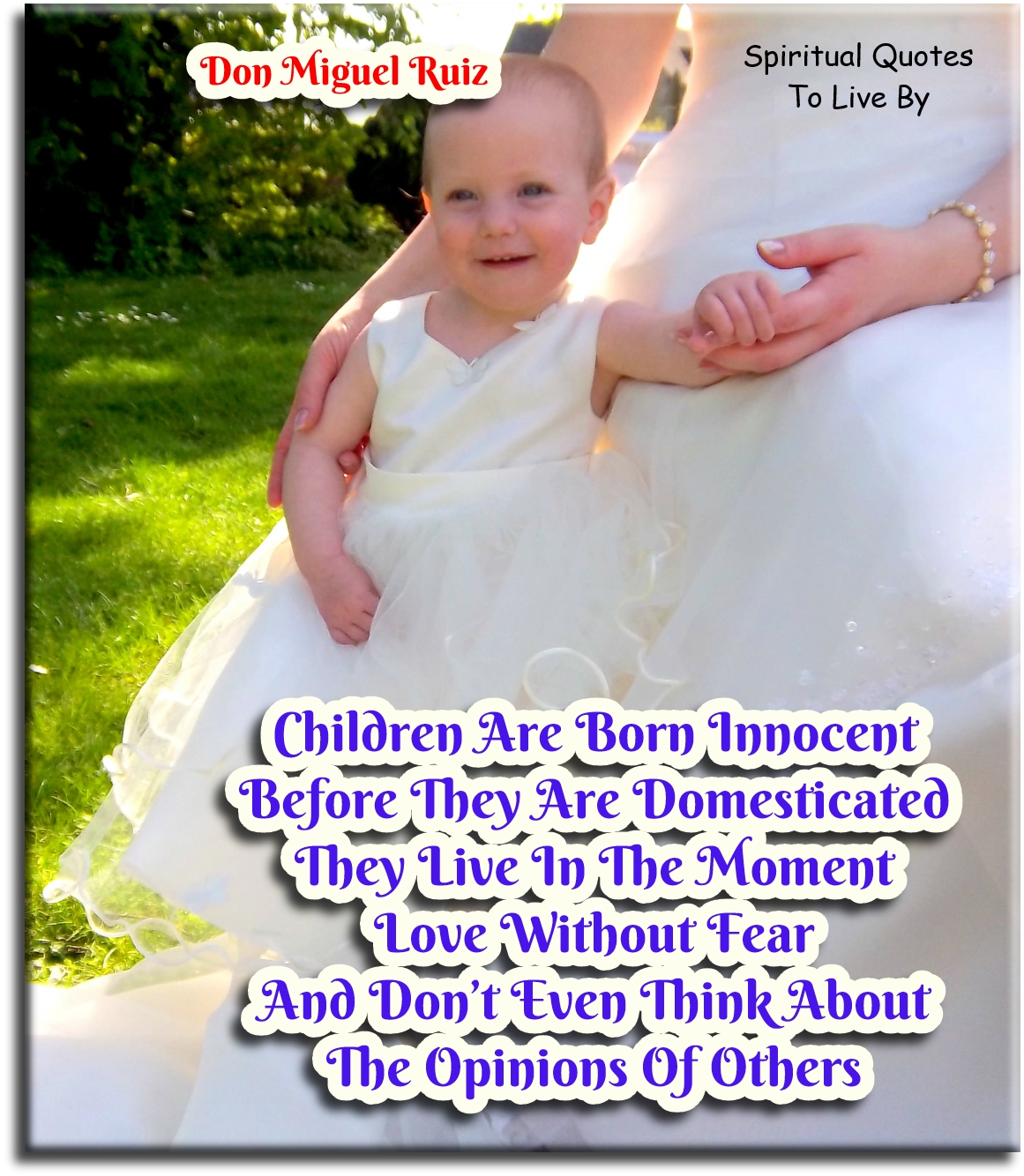 Don Miguel Ruiz quote - Children are born innocent. Before they are domesticated they live in the moment, love without fear, and don’t even think about the opinions of others. - Spiritual Quotes To Live By
