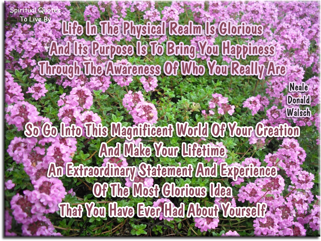 Neale Donald Walsch quote - Life in the physical realm is glorious, and its purpose is to bring you happiness through the awareness of who you really are. So go into this magnificent world of your creation, and make your lifetime an extraordinary statement and experience of the most glorious idea that you have ever had about yourself - Spiritual Quotes To Live By