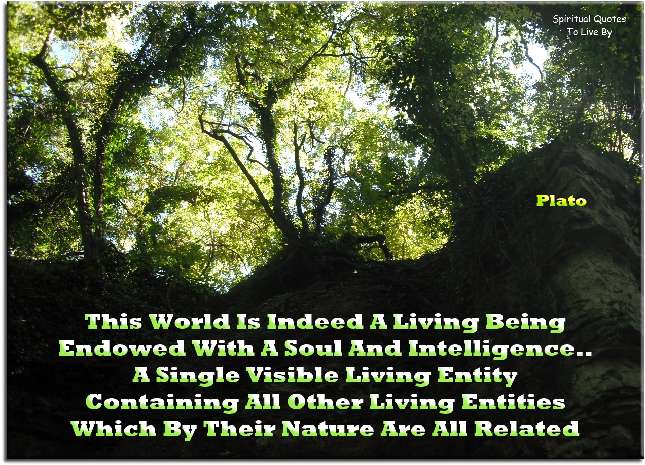 Plato quote - This world is indeed a living being endowed with a Soul and intelligence.. A single visible living entity containing all other living entities, which by their nature are all related. - Spiritual Quotes To Live By