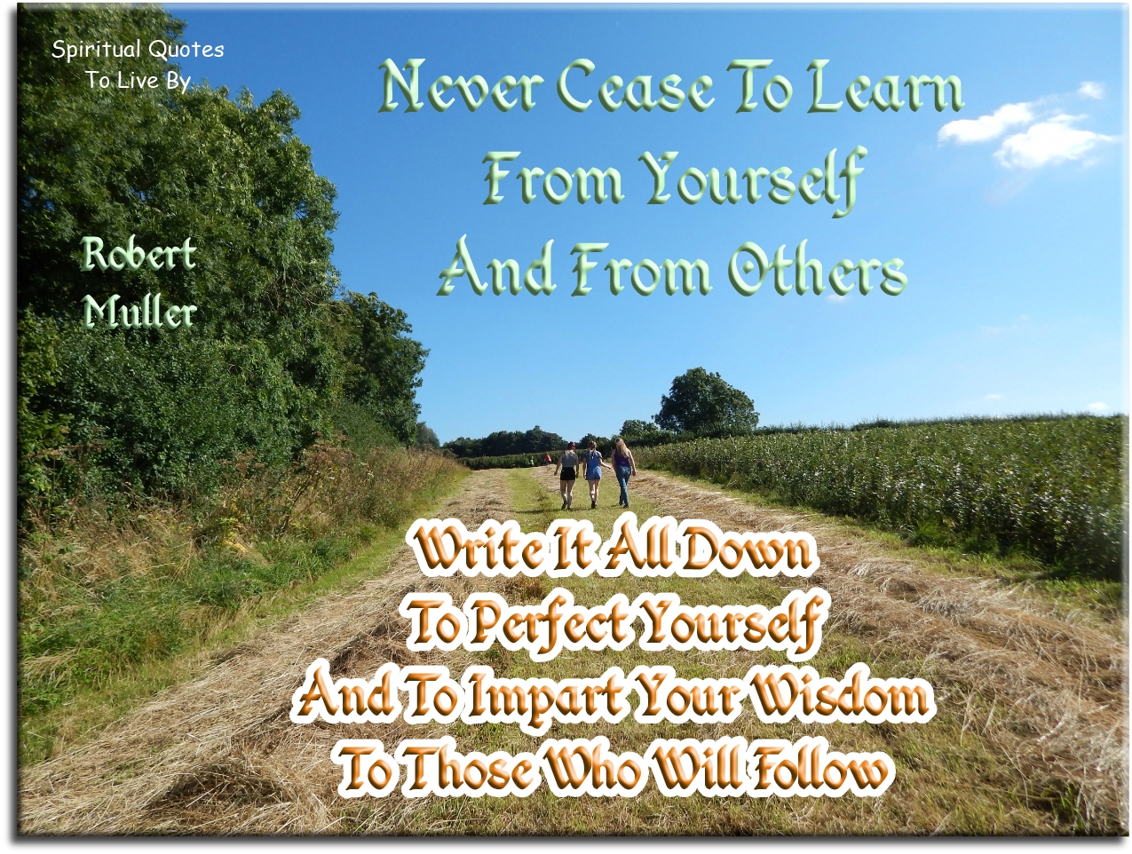 Robert Muller quote - Never cease to learn life from yourself and from others. Write it all down to perfect yourself and to impart your wisdom to those who will follow. - Spiritual Quotes To Live By
