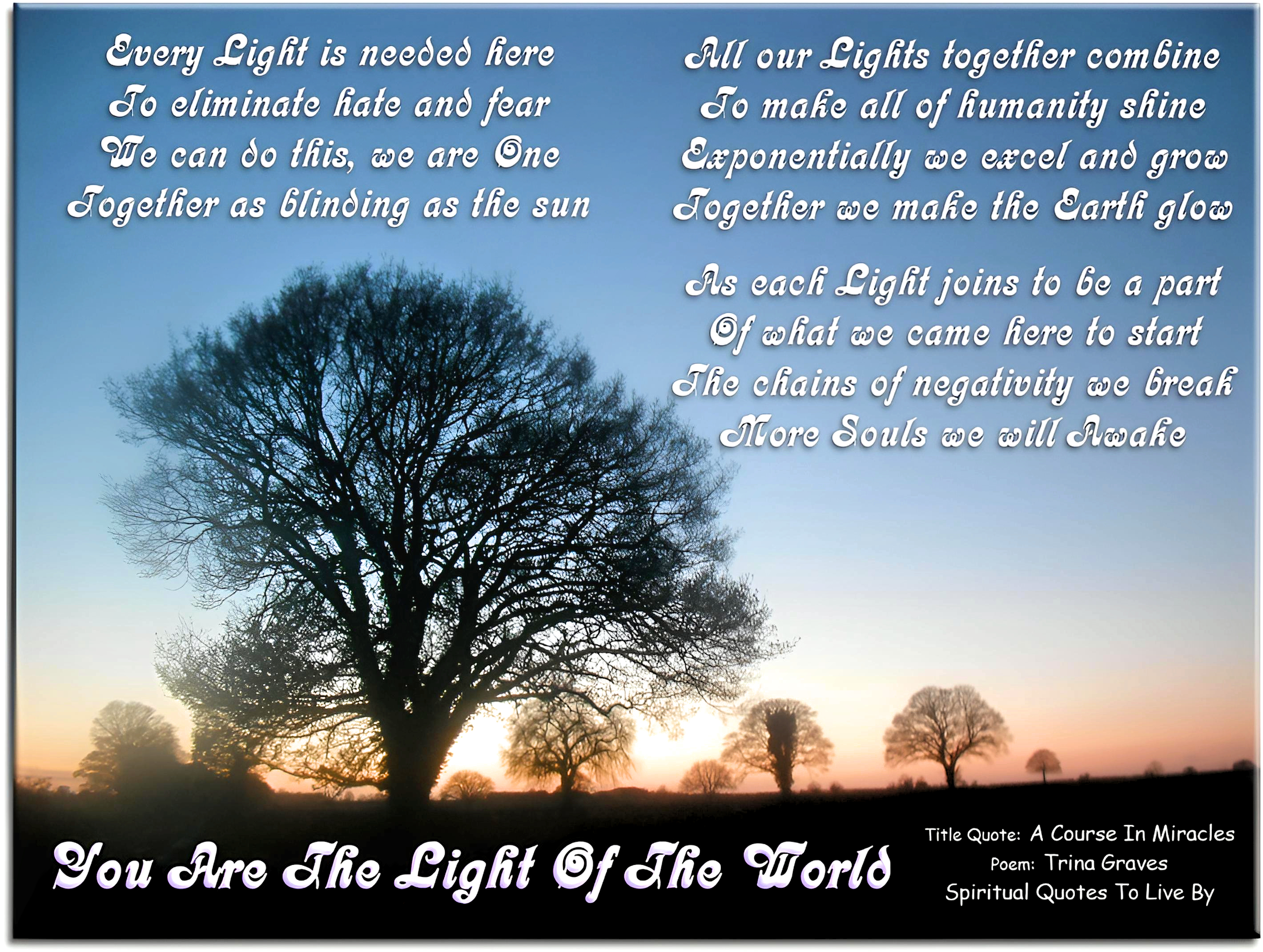 Trina Graves quote - Every light is needed here To eliminate hate and fear We can do this, we are One Together as blinding as the sun  All our Lights together combine To make all of humanity shine Exponentially we excel and grow Together we make the Earth glow  As each Light joins to be a part Of what we came here to start The chains of negativity we break More Souls we will Awake - Spiritual Quotes To Live By