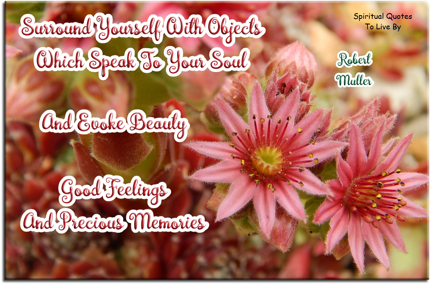 Robert Muller quote - Surround yourself with objects which speak to your Soul and evoke beauty, good feelings and dear precious memories. - Spiritual Quotes To Live By