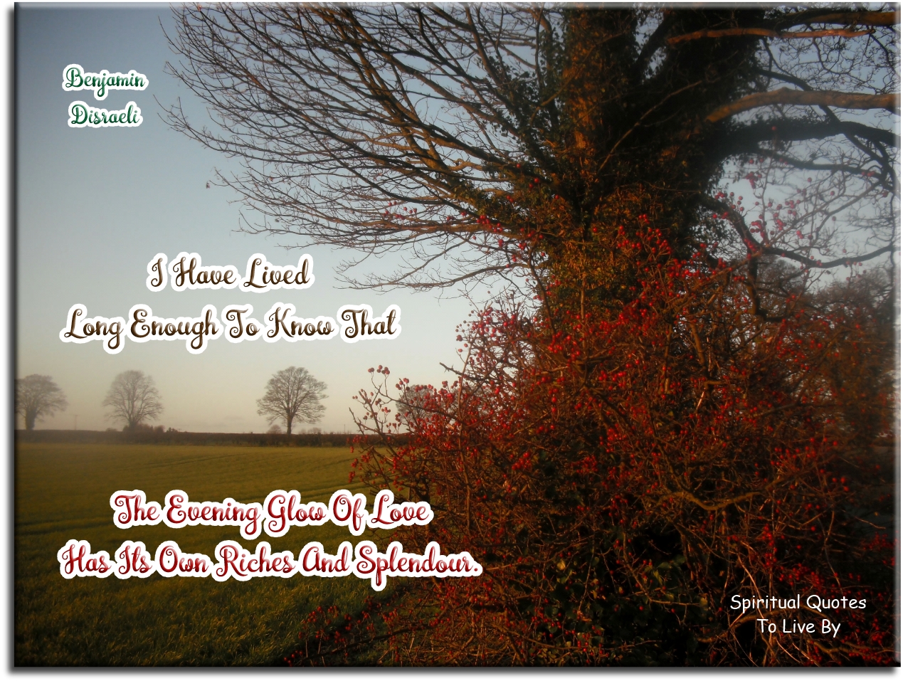 Benjamin Disraeli quote - I have lived long enough to know that the evening glow of love has its own riches and splendour. - Spiritual Quotes To Live By