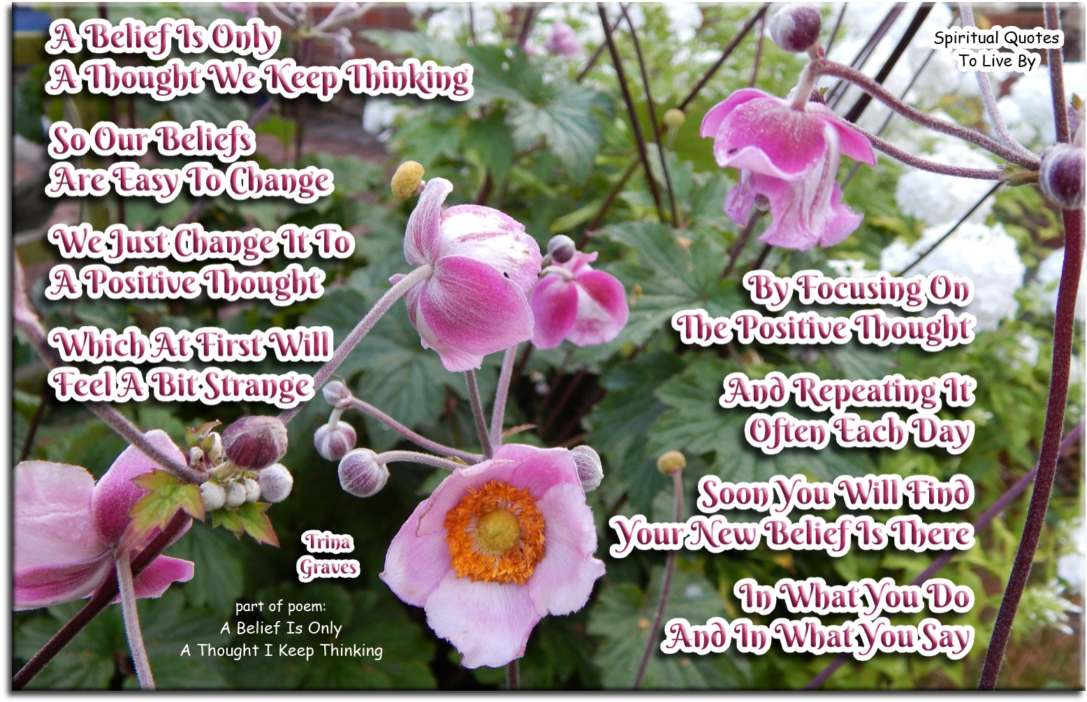 Trina Graves quote - A belief is only a thought we keep thinking, So our beliefs are easy to change, We just change it to a positive thought, Which at first will feel a bit strange  By focusing on the positive thought, And repeating it often each day, Soon you will find your new belief is there, In what you do and in what you say - Spiritual Quotes To Live By