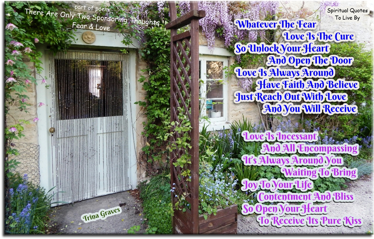 Trina Graves quote - Whatever the fear Love is the cure, So unlock your Heart and open the door, Love is always around have faith and believe, Just reach out with Love and you will receive Love is incessant and all encompassing, It’s always around you waiting to bring, Joy to your life contentment and bliss, So open your Heart to receive its pure kiss - Spiritual Quotes To Live By