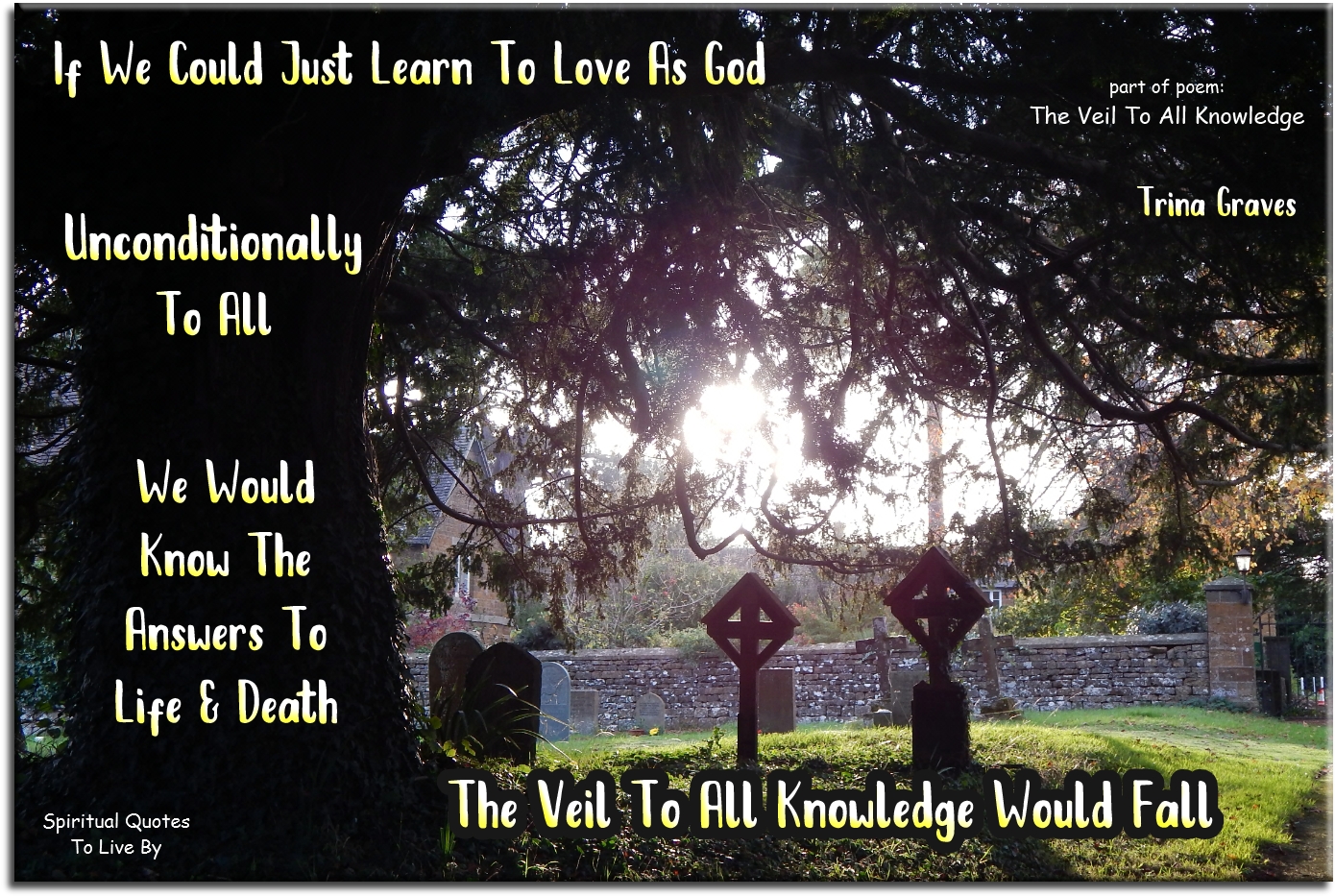 Trina Graves quote - If we could just learn to Love as God, Unconditionally to all, We would know the answers to life and death, The Veil To All Knowledge Would Fall - Spiritual Quotes To Live By
