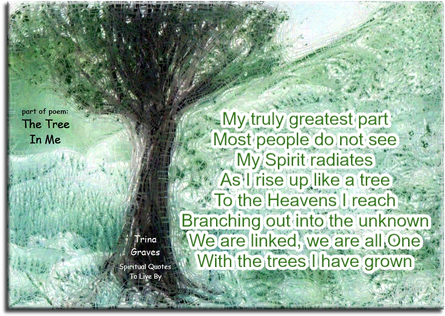 Trina Graves quote - My truly greatest part Most people do not see My Spirit radiates As I rise up like a tree  To the Heavens I reach Branching out into the unknown We are linked, we are all One With the trees I have grown - Spiritual Quotes To Live By