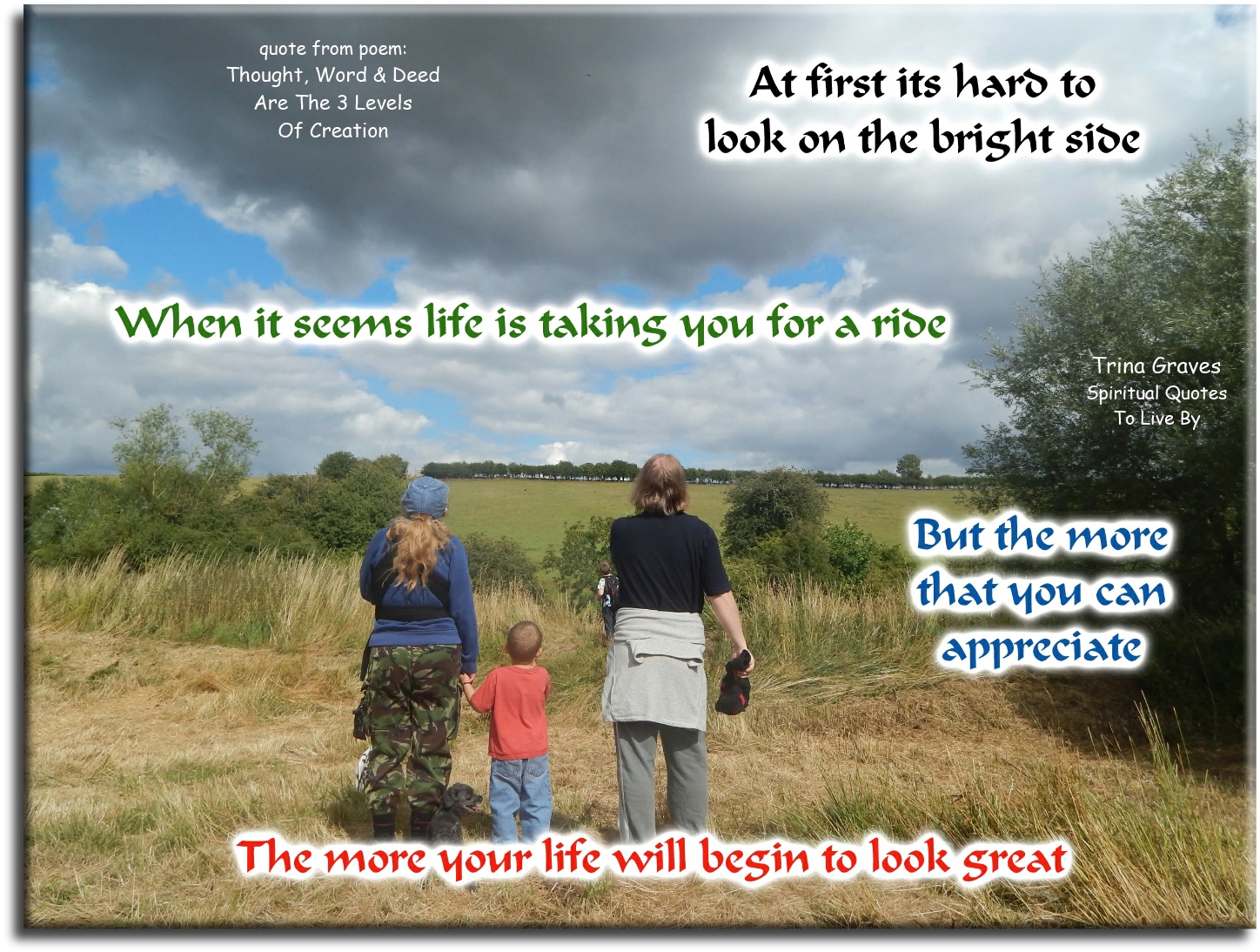 Trina Graves quote: At first it’s hard to look on the bright side, When it seems life is taking you for a ride, But the more that you can appreciate, The more your life will begin to look great - Spiritual Quotes To Live By