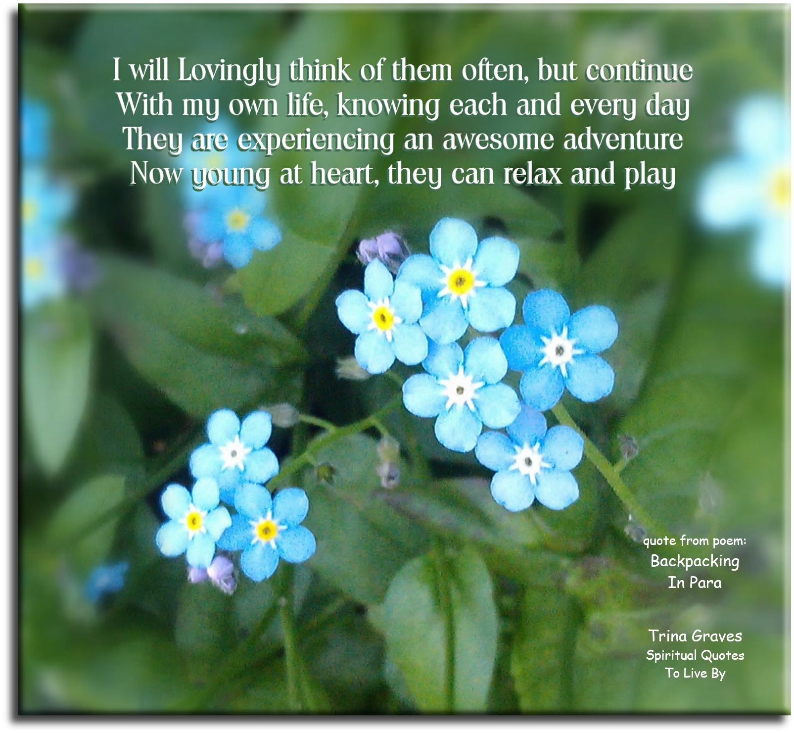Trina Graves quote - I will lovingly think of them often, but continue, With my own life, knowing each and every day, They are experiencing an awesome adventure, Now young at heart, they can relax and play. - Spiritual Quotes To Live By