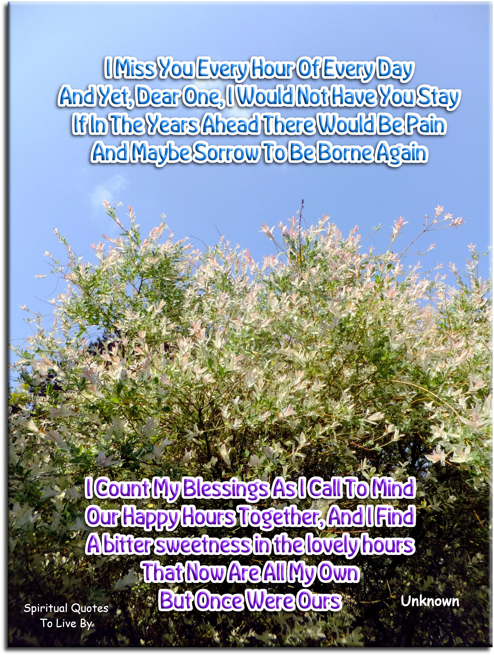 I miss you every hour of every day And yet, dear one, I would not have you stay If in the years ahead there would be pain And maybe sorrow to be borne again  I count my blessings as I call to mind Our happy hours together, and I find A bitter sweetness in the lovely hours That now are all my own, but once were ours - Spiritual Quotes To Live By