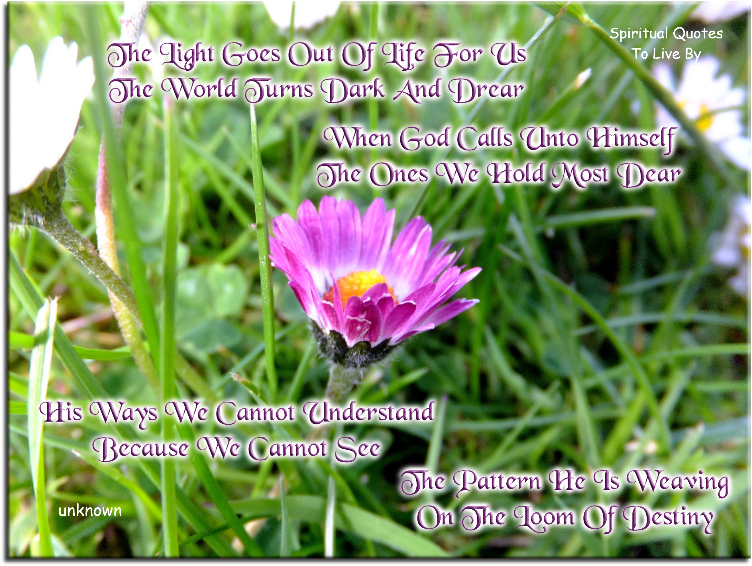 The light goes out of life for us The world turns dark and drear When God calls unto Himself The ones we hold most dear  His ways we cannot understand Because we cannot see The pattern He is weaving On the loom of destiny - Spiritual Quotes To Live By