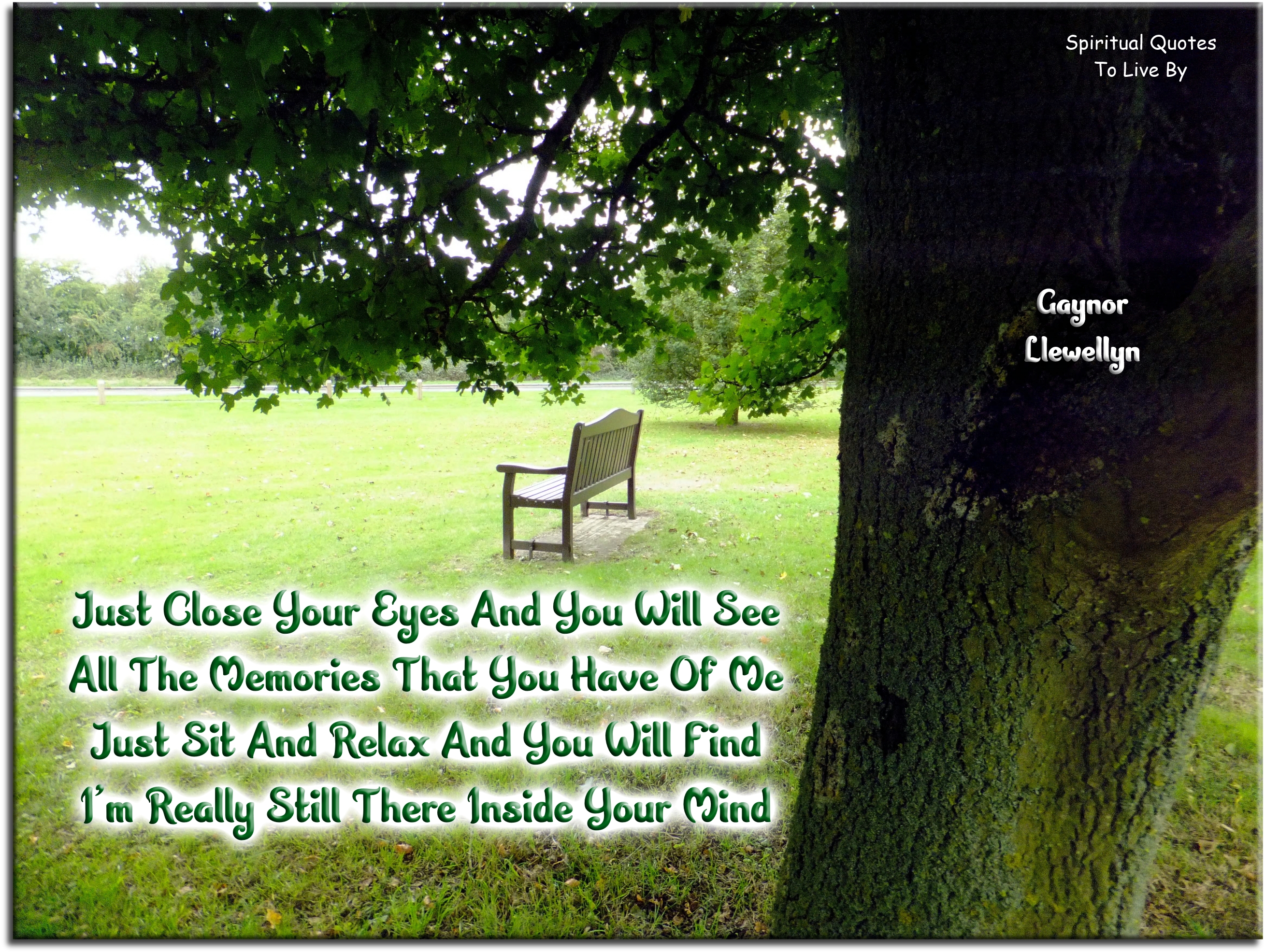 Gaynor Llewellyn quote - Just close your eyes and you will see All the memories that you have of me Just sit and relax and you will find I’m really still there inside your mind - Spiritual Quotes To Live By