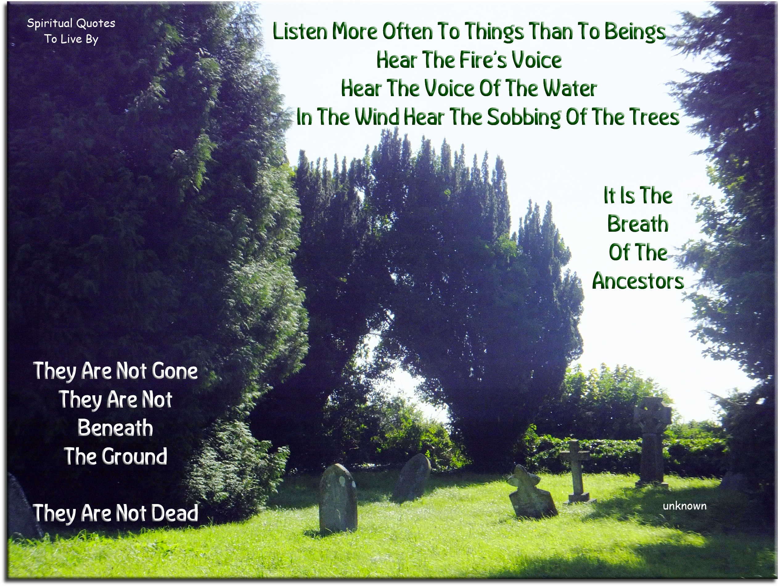 Listen more often to things than to beings Hear the fire’s voice Hear the voice of the water In the wind hear the sobbing of the trees It is the breath of the ancestors They are not gone They are not beneath the ground They are not dead - Spiritual Quotes To Live By
