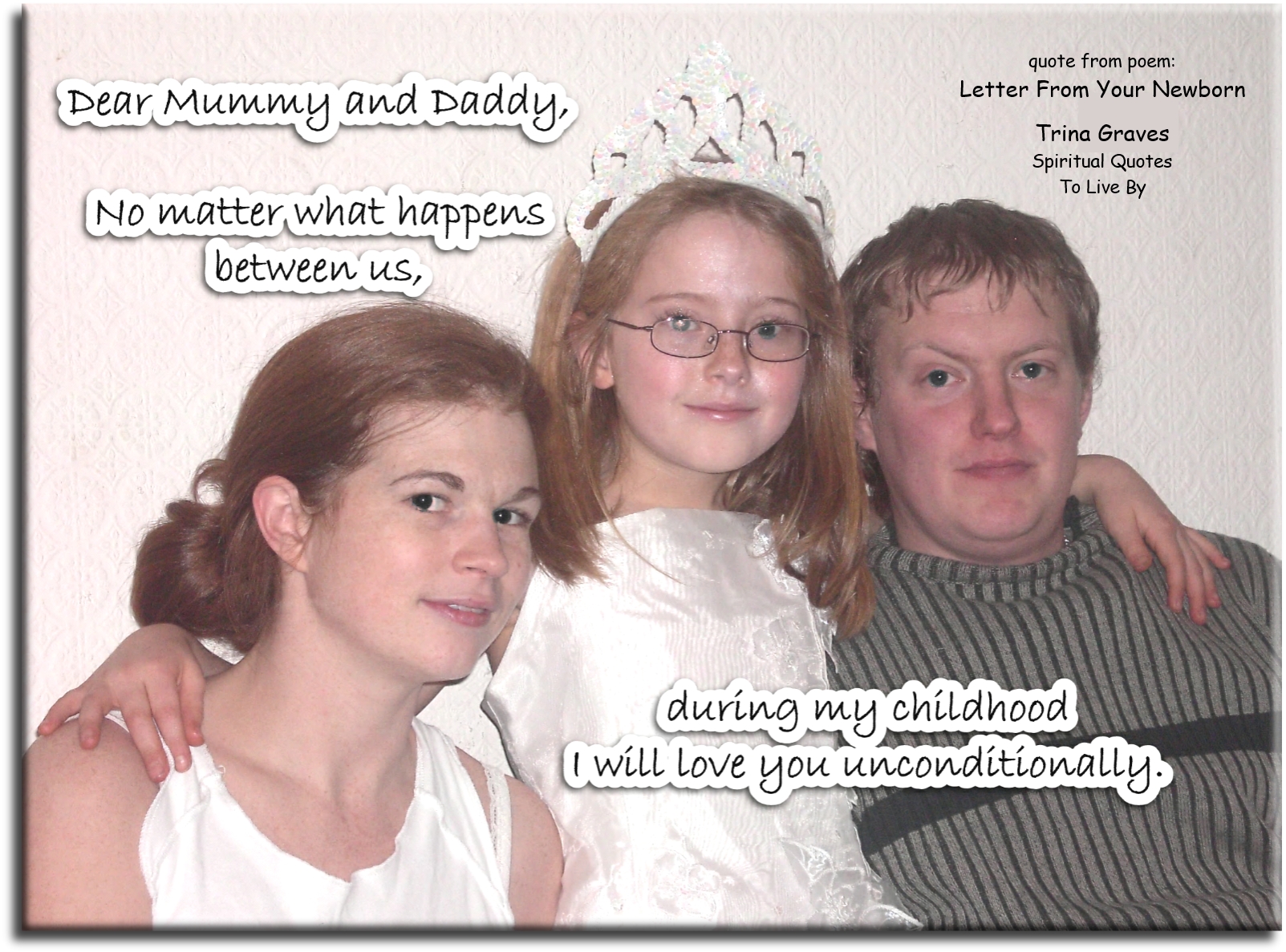 Trina Graves quote - Dear Mummy and Daddy,  No matter what happens between us, during my childhood I will Love you unconditionally. - Spiritual Quotes To Live By