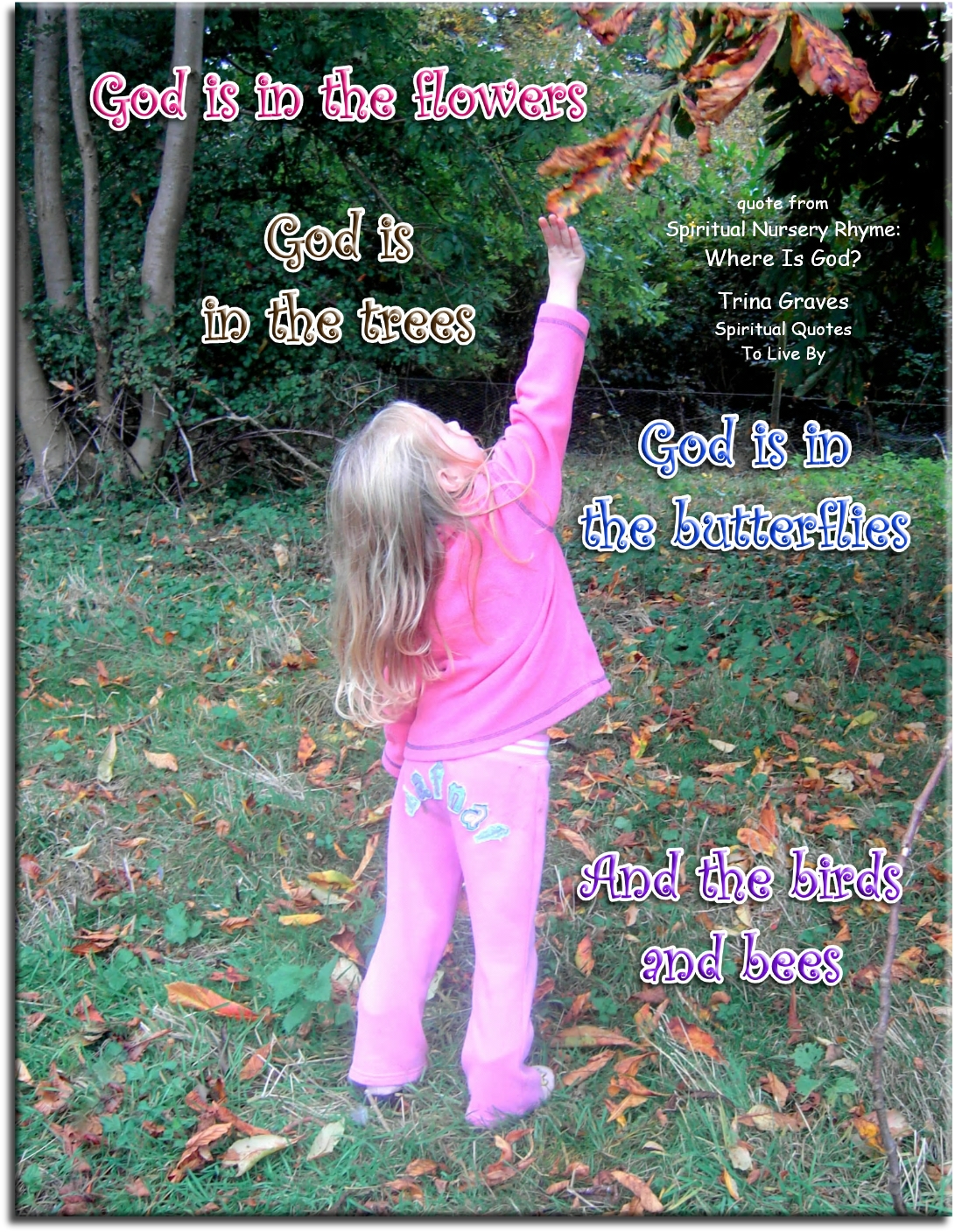 Trina Graves quote - God is in the flowers, God is in the trees, God is in the butterflies, And the birds and bees - Spiritual Quotes To Live By