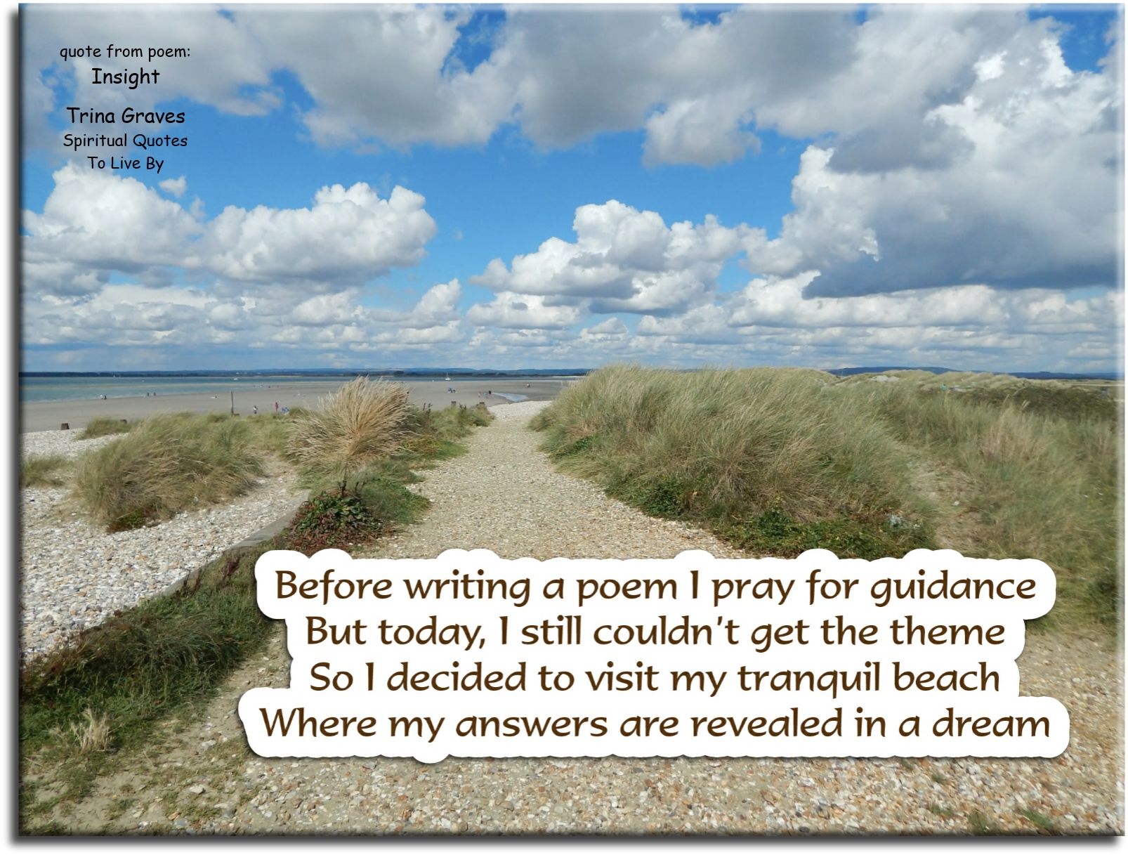 Trina Graves quote - Before writing a poem I pray for guidance But today, I still couldn’t get the theme So I decided to visit my tranquil beach Where my answers are revealed in a dream - Spiritual Quotes To Live By