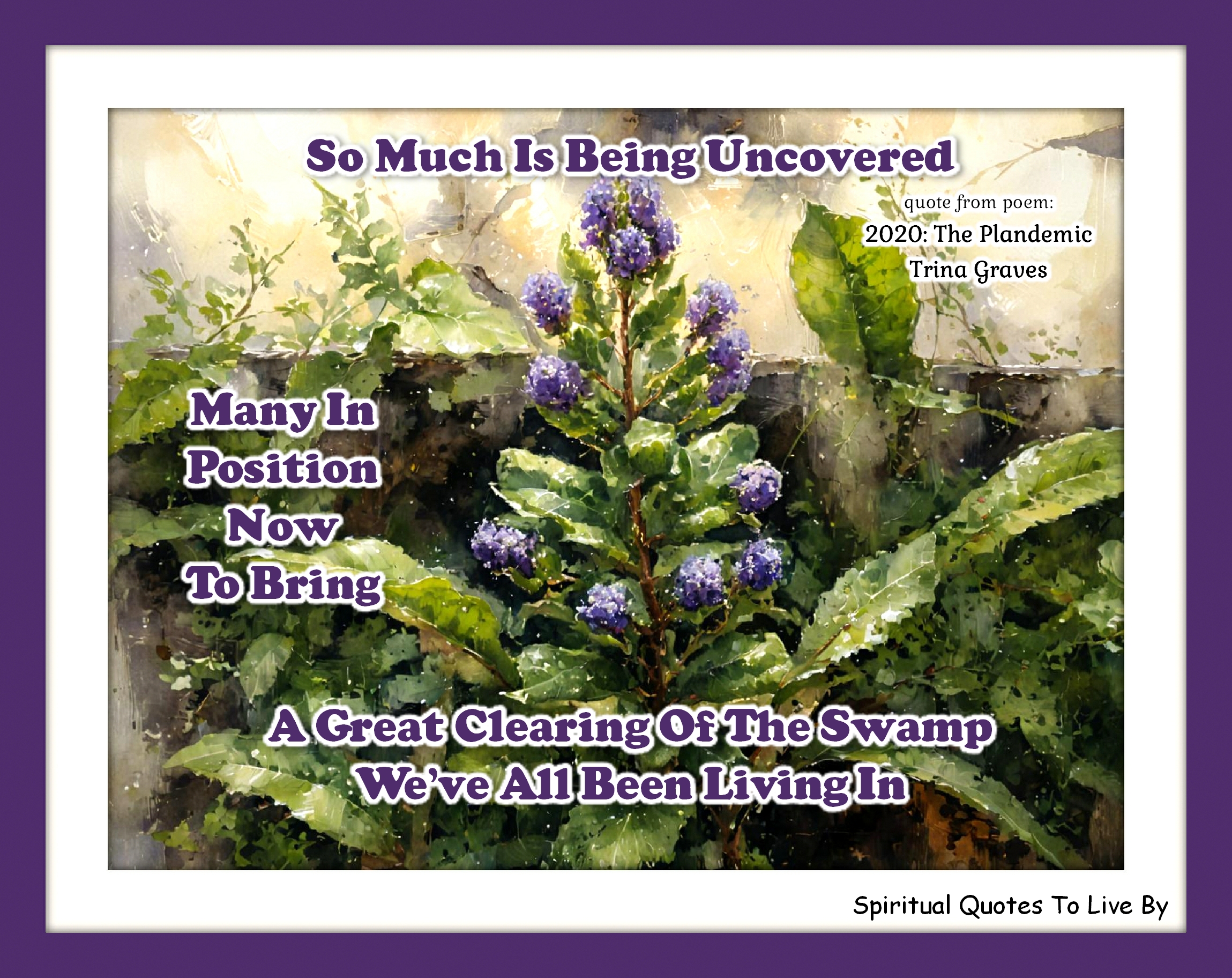 Trina Graves quote - So much is being uncovered, many in position now to bring, a great clearing of the swamp we've all been living in - Spiritual Quotes To Live By