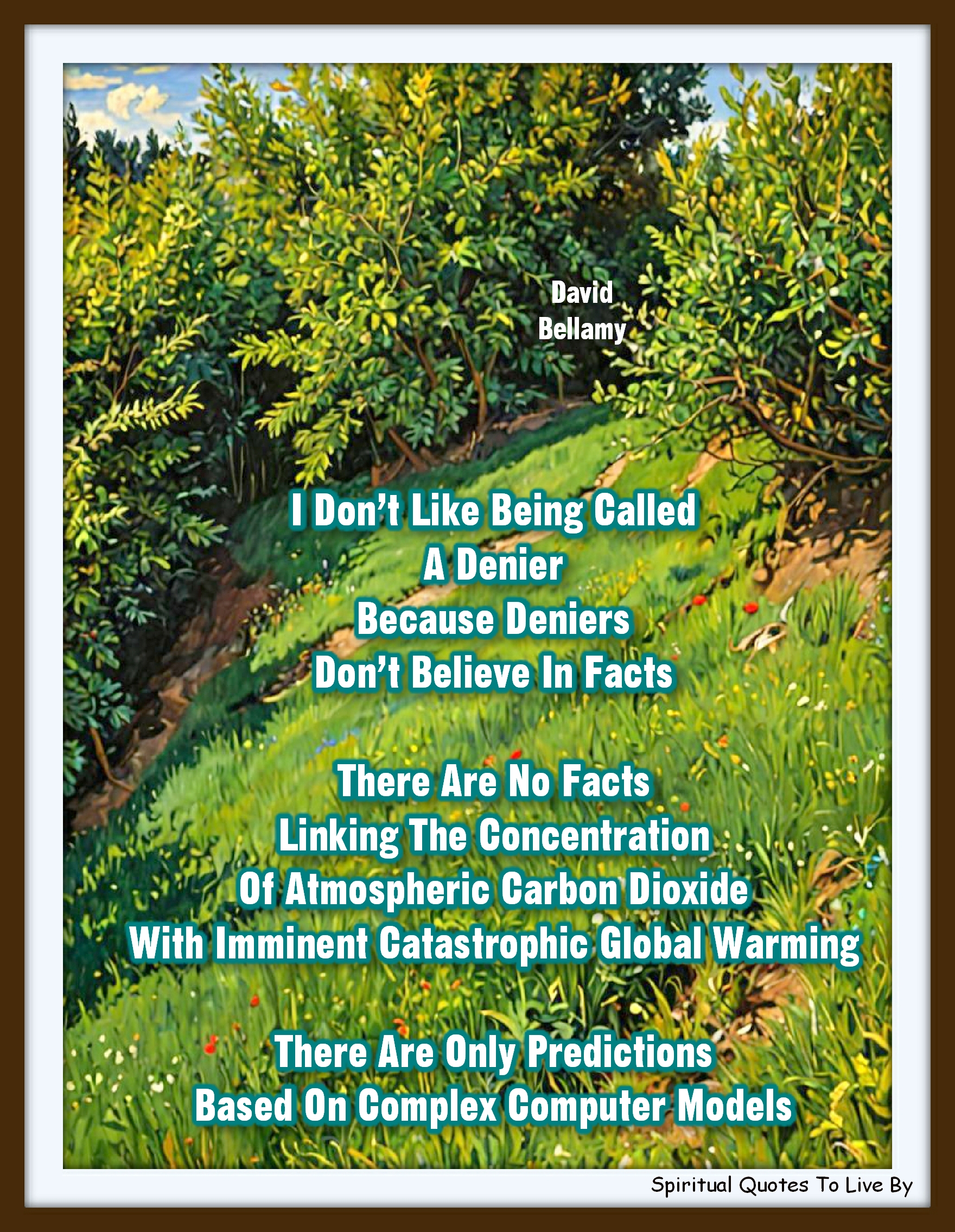 David Bellamy quote - I don’t like being called a denier because deniers don’t believe in facts. There are no facts linking the concentration of atmospheric carbon dioxide with imminent catastrophic global warming, there are only predictions based on complex computer models. - Spiritual Quotes To Live By