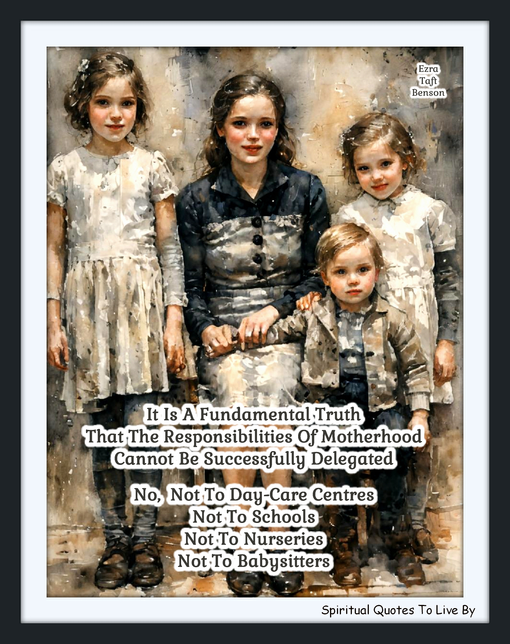 Ezra Taft Benson quote - It is a fundamental truth that the responsibilities of motherhood cannot be successfully delegated. No, not to day-care centres, not to schools, not to nurseries, not to babysitters. - Spiritual Quotes To Live By