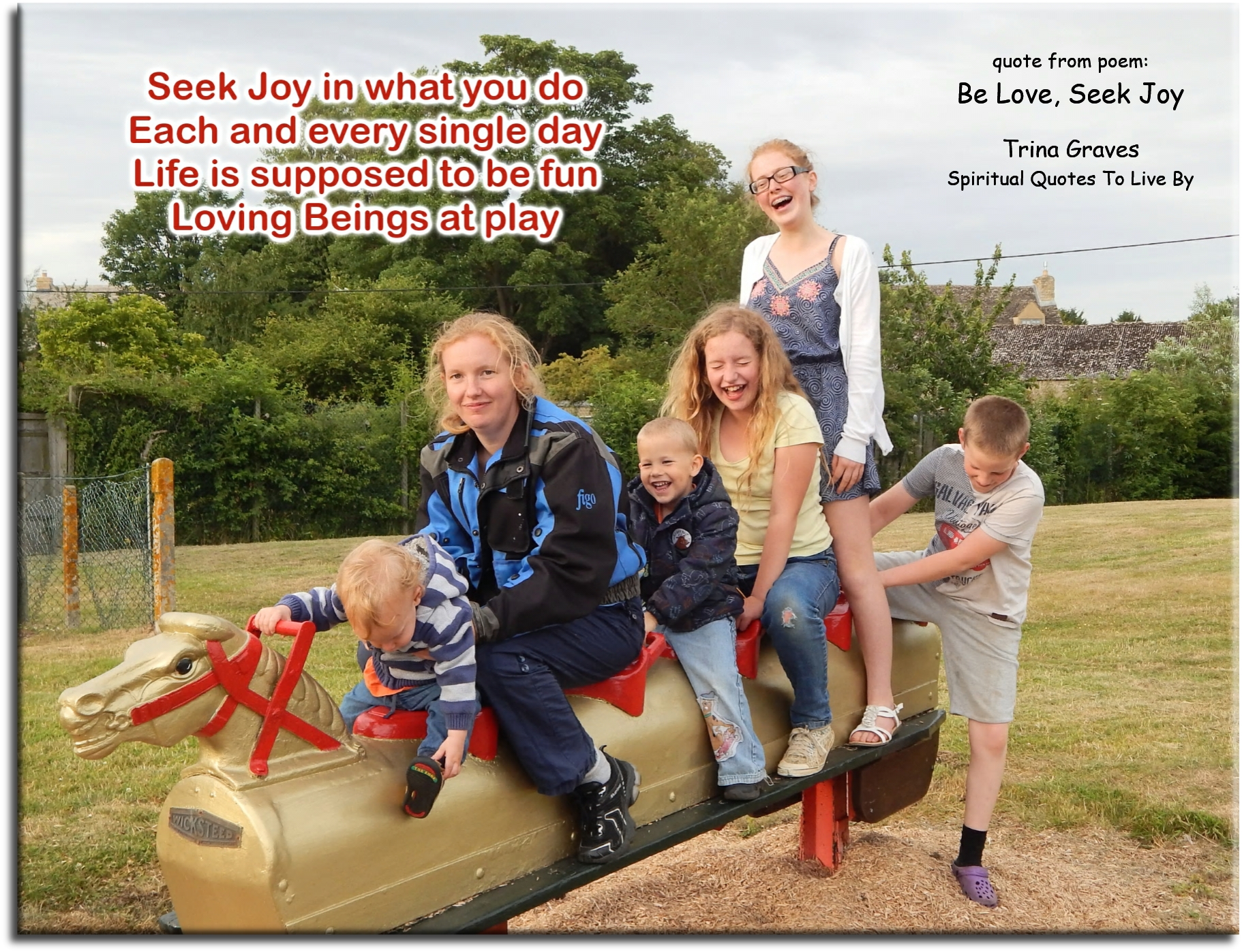 Trina Graves quote - Seek Joy in what you do Each and every single day Life is supposed to be fun Loving Beings at play - Spiritual Quotes To Live By