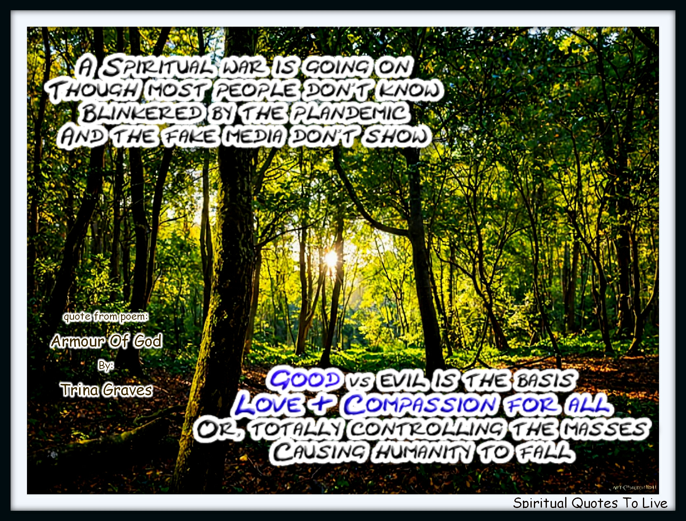 Trina Graves quote - A Spiritual war is going on Though most people don’t know Blinkered by the plandemic And the fake media don’t show  Good vs evil is the basis Love and Compassion for all Or, totally controlling the masses Causing humanity to fall - Spiritual Quotes To Live By