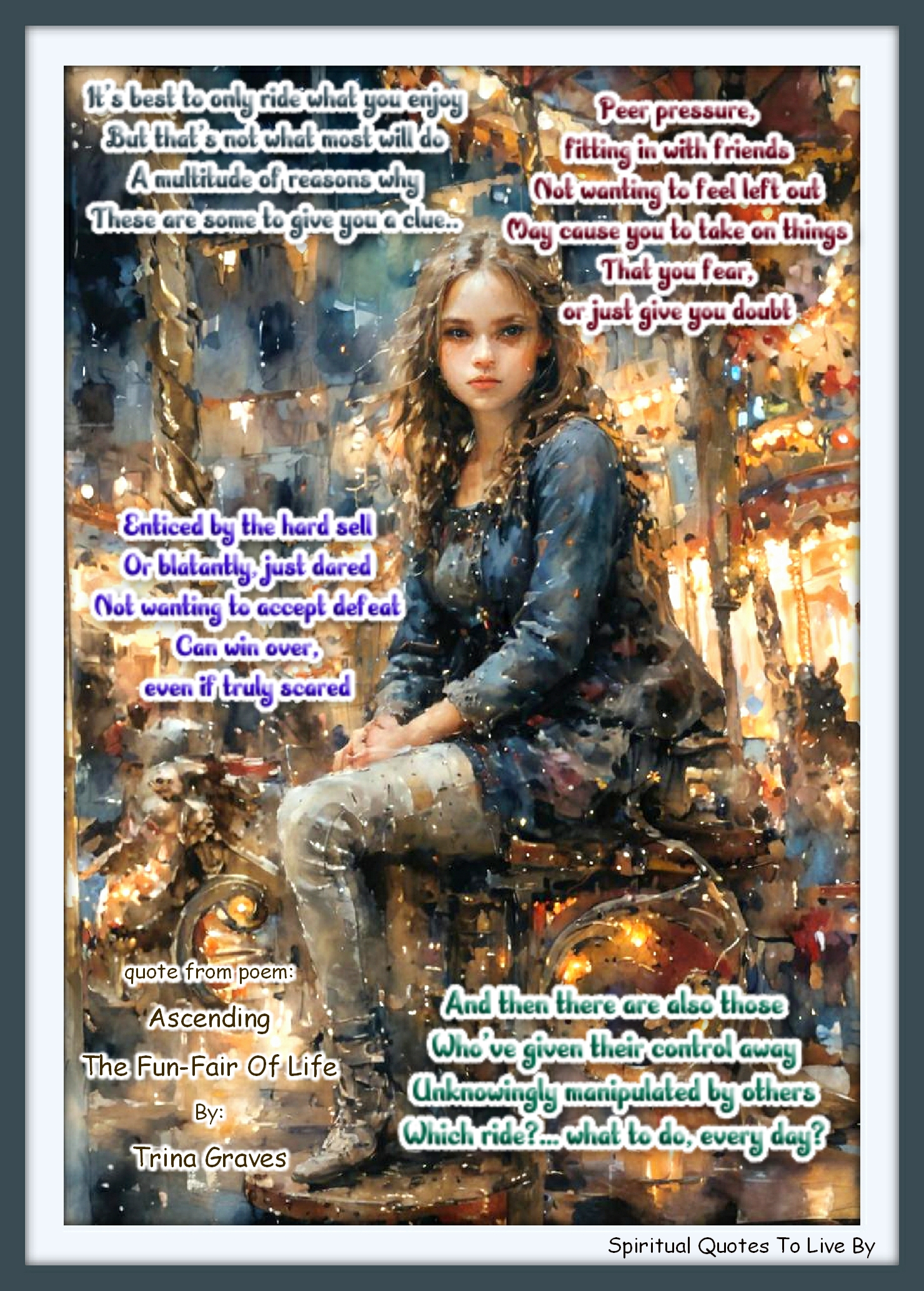 Trina Graves quote - It’s best to only ride what you enjoy But that’s not what most will do A multitude of reasons why These are some to give you a clue..  Peer pressure, fitting in with friends Not wanting to feel left out May cause you to take on things That you fear, or just give you doubt  Enticed by the hard sell Or blatantly, just dared Not wanting to accept defeat Can win over, even if truly scared  And then there are also those Who’ve given their control away Unknowingly manipulated by others Which ride?… what to do, every day? - Spiritual Quotes To Live By