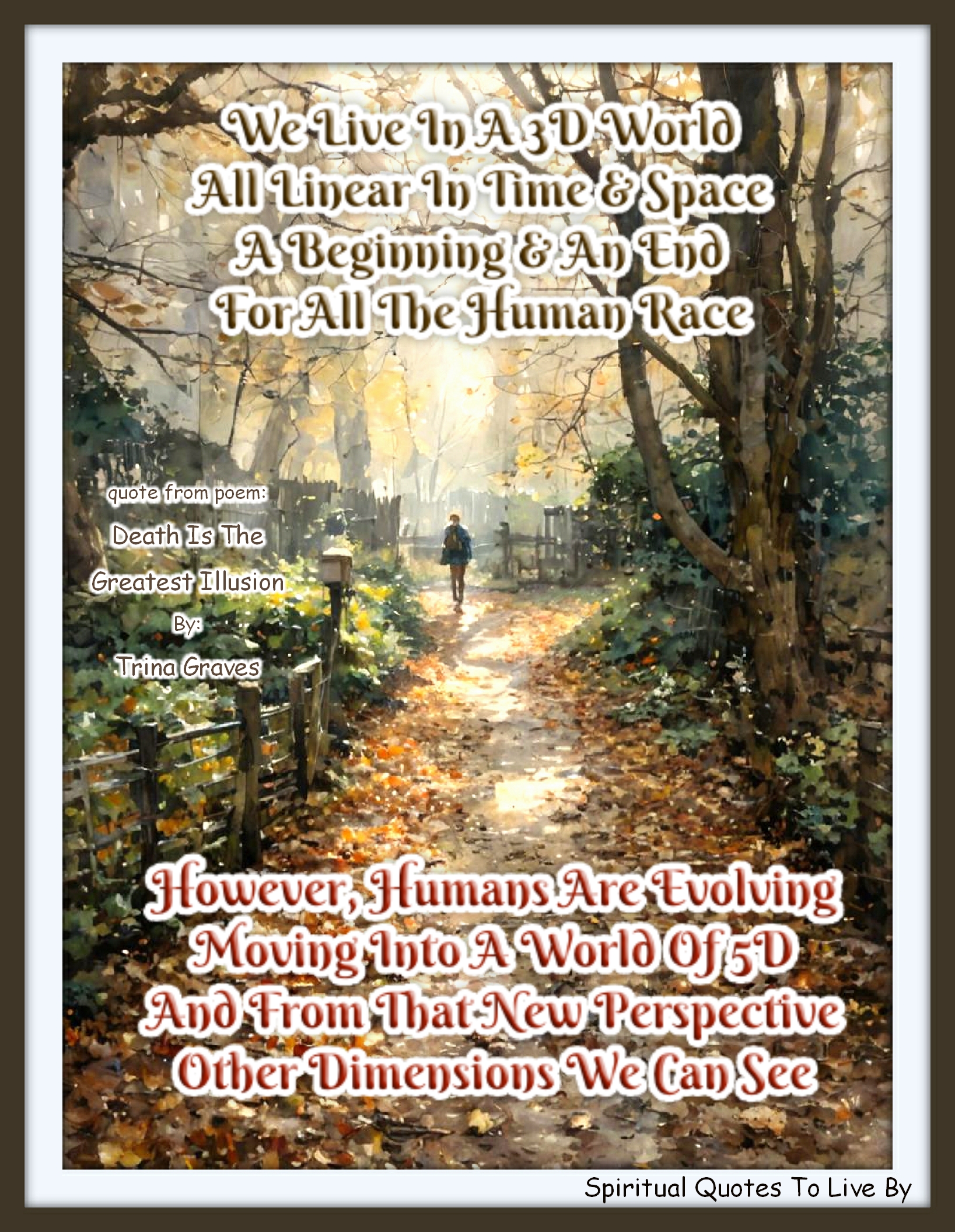 Trina Graves quote - We live in a 3D world All linear in time and space A beginning and an end For all the human race  However, humans are evolving Moving into a world of 5D And from that new perspective Other dimensions we can see - Spiritual Quotes To Live By