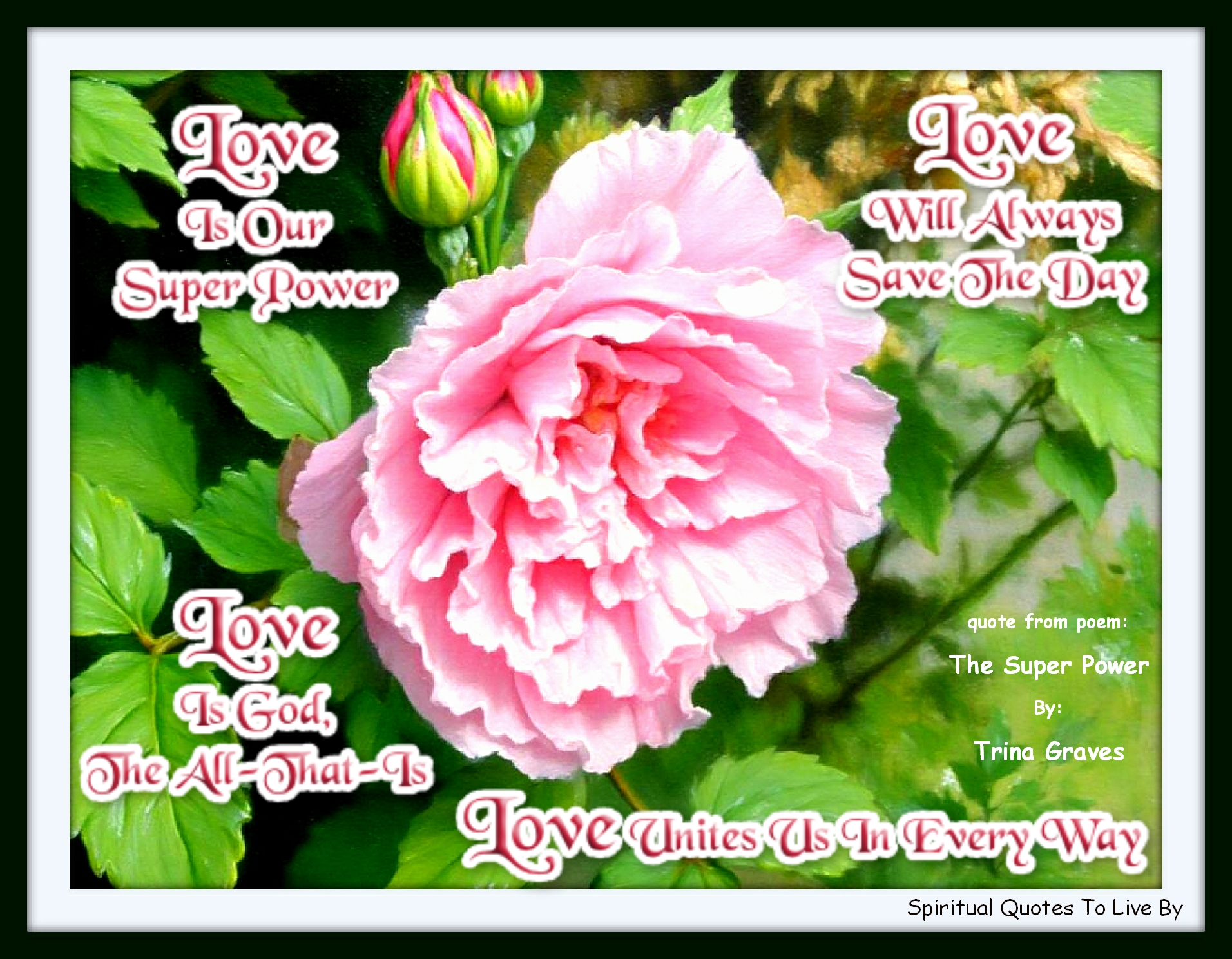 Trina Graves quote - LOVE is our Super Power LOVE will always save the day LOVE is God, the ALL-THAT-IS LOVE unites us in every way - Spiritual Quotes To Live By