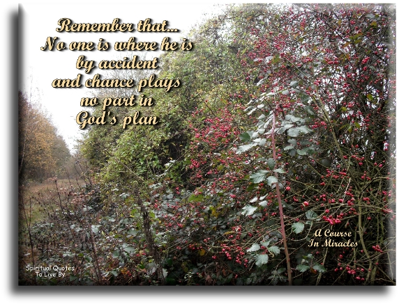 A Course In Miracles quote - Remember that no one is where he is by accident and chance plays no part in God’s plan. - Spiritual Quotes To Live By