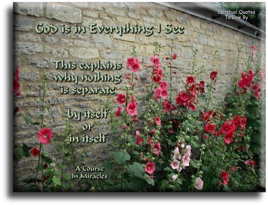 A Course In Miracles quote - God is in everything I see. This explains why nothing is separate, by itself or in itself. - Spiritual Quotes To Live By