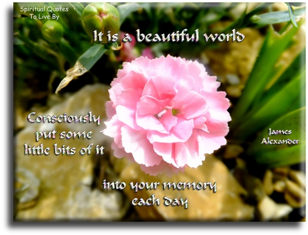James Alexander quote - It is a beautiful world. Consciously put some bits of it into your memory each day - Spiritual Quotes To Live By