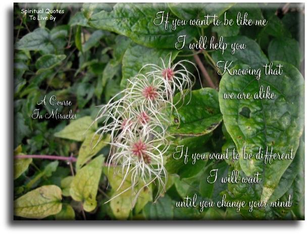 A Course In Miracles quote - If you want to be like me.. I will help you, knowing that we are alike. If you want to be different.. I will wait until you change your mind. - Spiritual Quotes To Live By