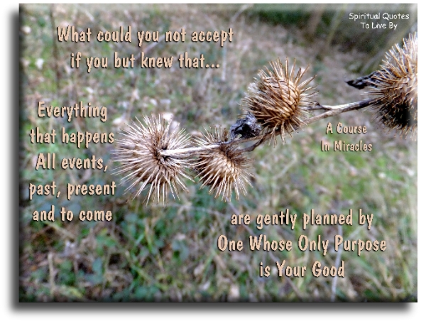 A Course In Miracles quote - What could you not accept, if you but knew that everything that happens, all events, past, present and to come, are gently planned by One whose only purpose is your good? - Spiritual Quotes To Live By