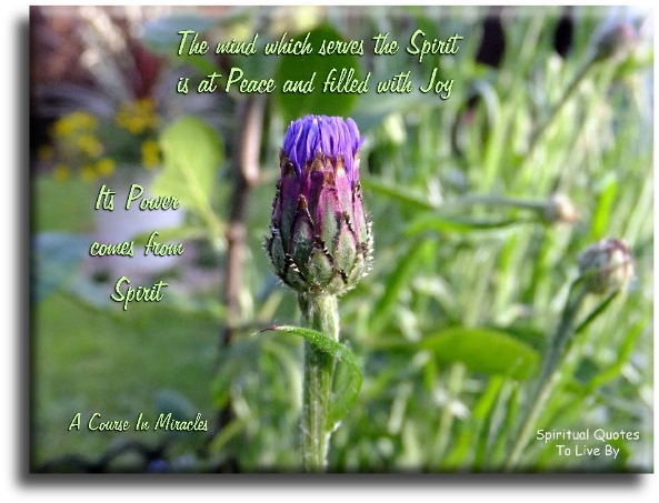 A Course In Miracles quote - The mind which serves the spirit is at peace and filled with joy. It’s power comes from the spirit. - Spiritual Quotes To Live By