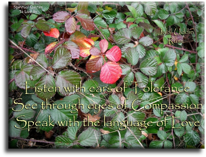 Rumi quote - Listen with ears of tolerance. See through eyes of compassion. Speak with the language of love. - Spiritual Quotes To Live By