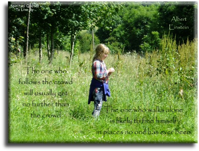 Albert Einstein quote - The one who follows the crowd will usually get no further than the crowd. The one who walks alone, is likely to find himself in places no one has ever been. - Spiritual Quotes To Live By