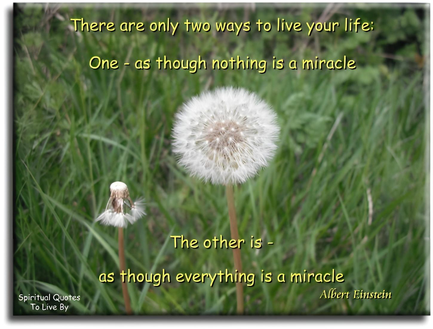 Albert Einstein quote - There are only two ways to live your life. One, as though nothing is a miracle. The other is, as though everything is a miracle. - Spiritual Quotes To Live By