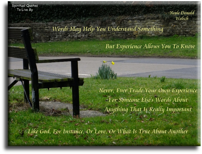 Neale Donald Walsch quote - Words may help you understand something, but experience allows you to know. Never ever trade your own experience for someone else’s words about anything that is really important.. Like God, for instance, or Love, or what is true about another - Spiritual Quotes To Live By