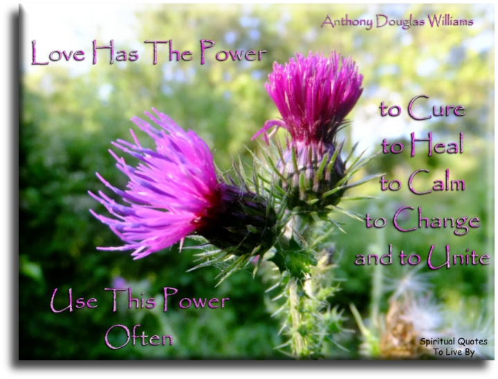 Anthony Douglas Williams quote -Love has the power to cure, to heal, to calm, to change and to unite. Use this power often. - Spiritual Quotes To Live By