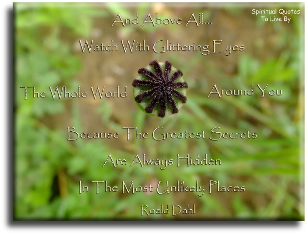 Roald Dahl quote - And above all, watch with glittering eyes the whole world around you because the greatest secrets are always hidden.. - Spiritual Quotes To Live By