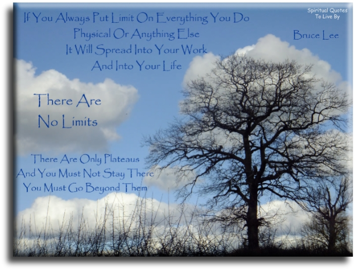 Bruce Lee quote: If you always put limit on everything you do, physical or anything else, it will spread into your life. There are no limits. There are only plateaus and you must not stay there, you must go beyond them - Spiritual Quotes To Live By